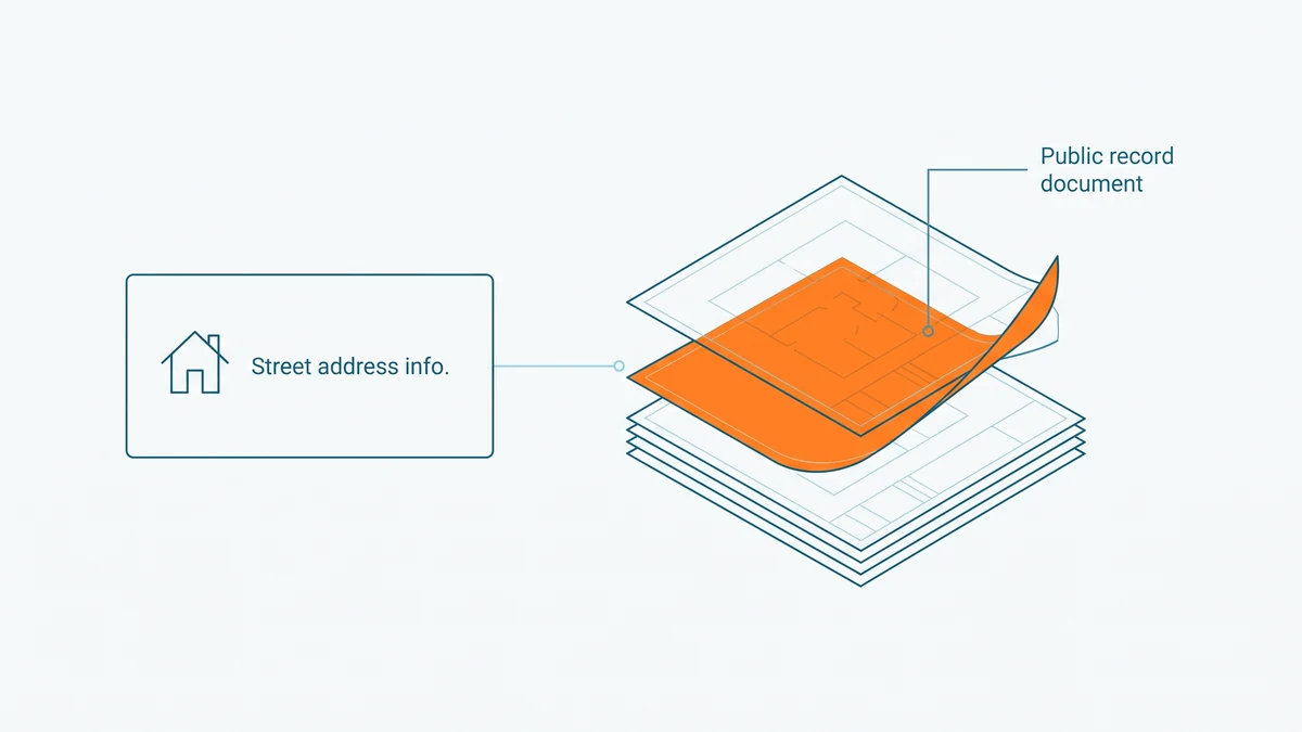 Line drawing of an address card linked by a leader line to a drawing sheet being pulled out of a stack of filed sheets, with the pulled sheet marked in orange.