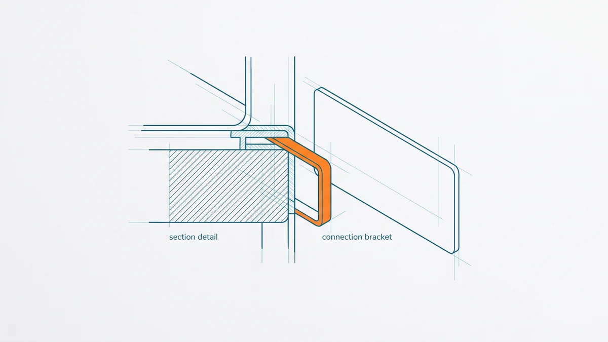Rectangular floor plan outline filled with light hatching, linked by an orange bracket to an empty rate card beside it.