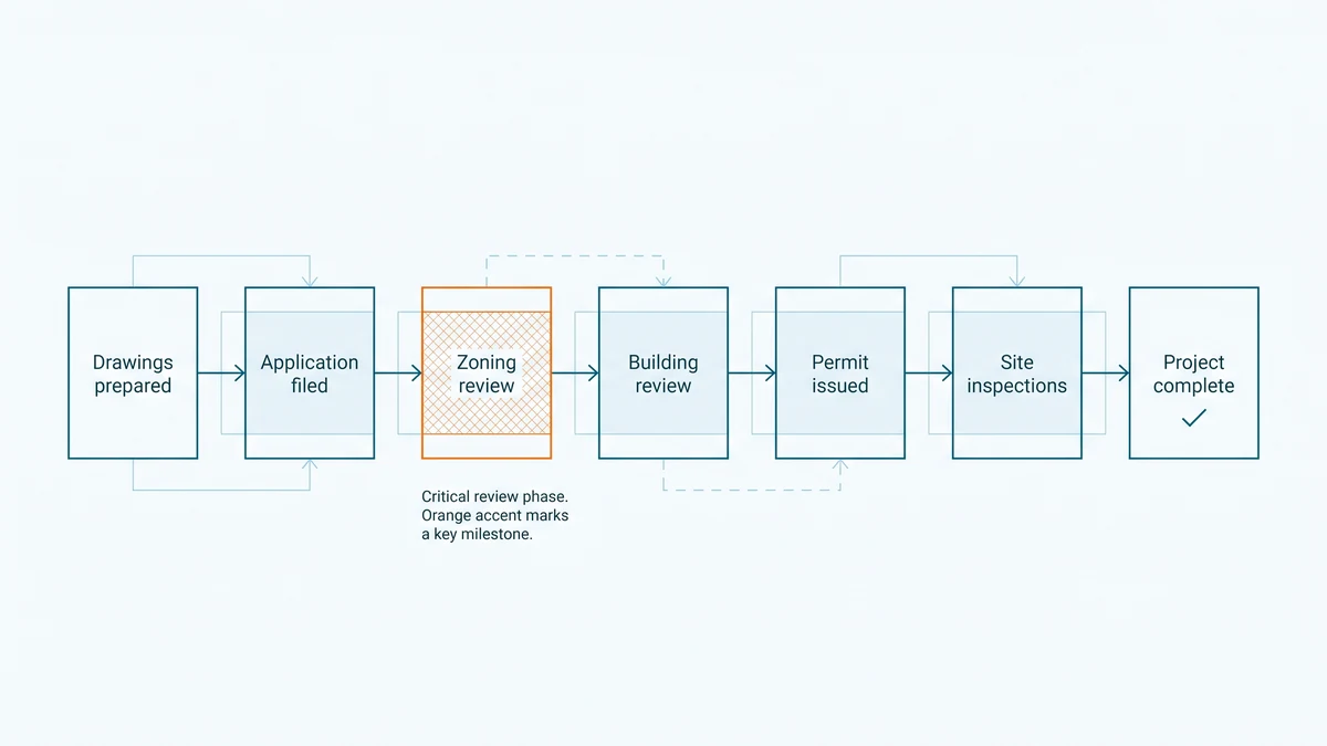 Flow diagram of a basement unit application moving from prepared drawings through zoning and building review to issuance and site inspections, zoning marked in orange.