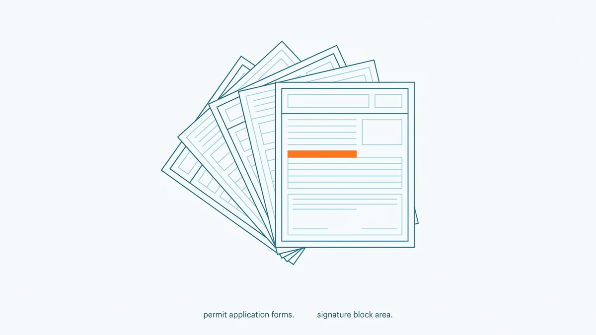 Fan of blank ruled form sheets with empty boxes and signature lines, the sheet lying square on top drawn in orange.