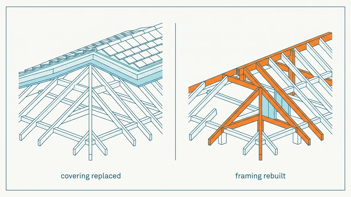 A roof section with only the covering replaced drawn beside a roof section with the framing opened and rebuilt, the rebuilt framing accented in orange.