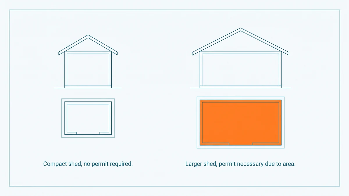 Sheet showing a compact shed plan beside a noticeably larger plan with matching gable elevations, the larger footprint outlined in orange.