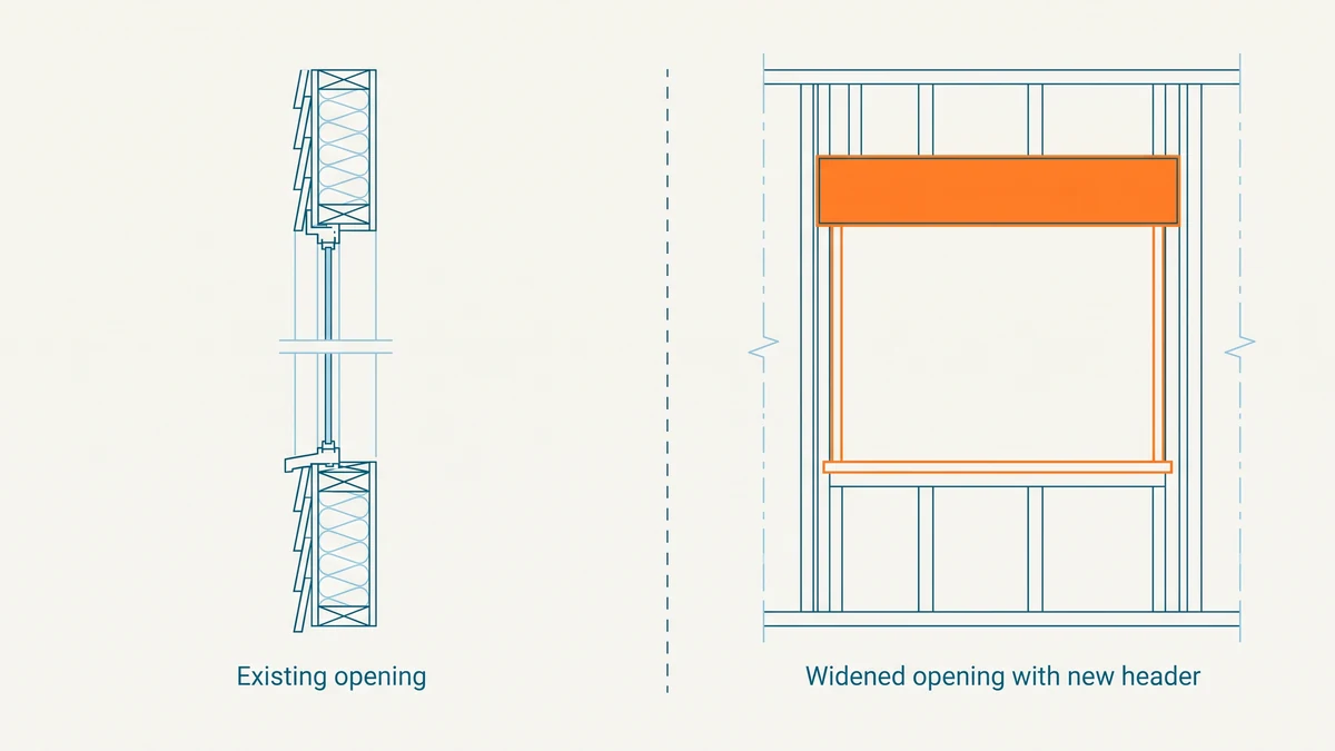 Wall section comparing a window replaced in its existing rough opening against the same wall with the opening cut wider under a new header, marked in orange.
