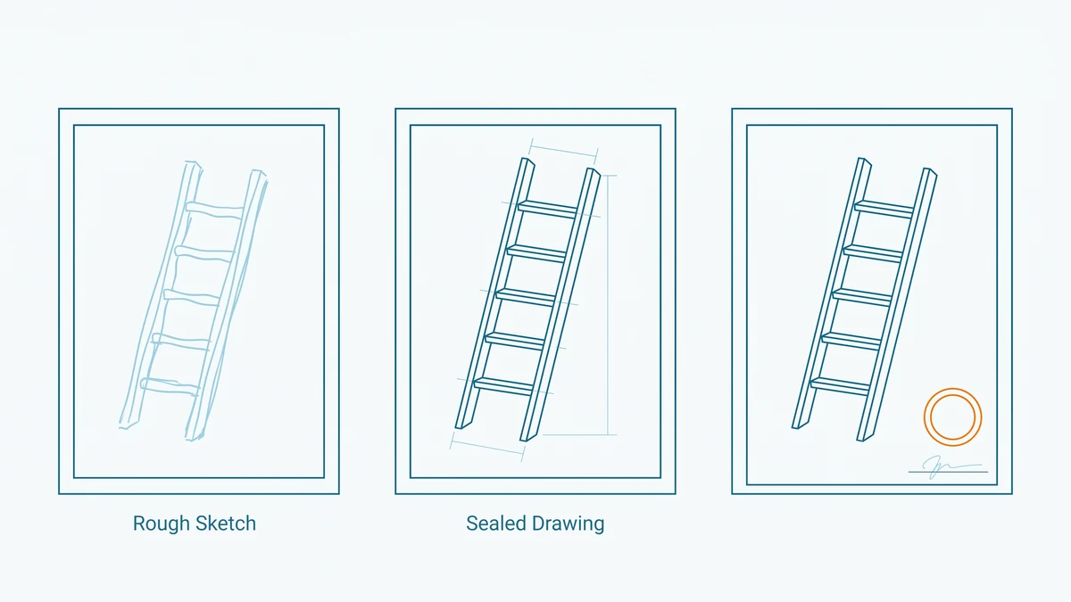 Outlined sheets side by side holding a freehand sketch, a ruled measured drawing, and the same drawing carrying a plain circular seal outlined in orange.