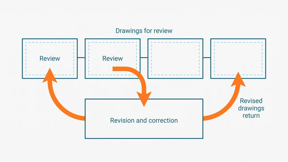 Outlined boxes for review and issuance with an arrow dropping to a revision box below and returning to review, the return path drawn in orange.